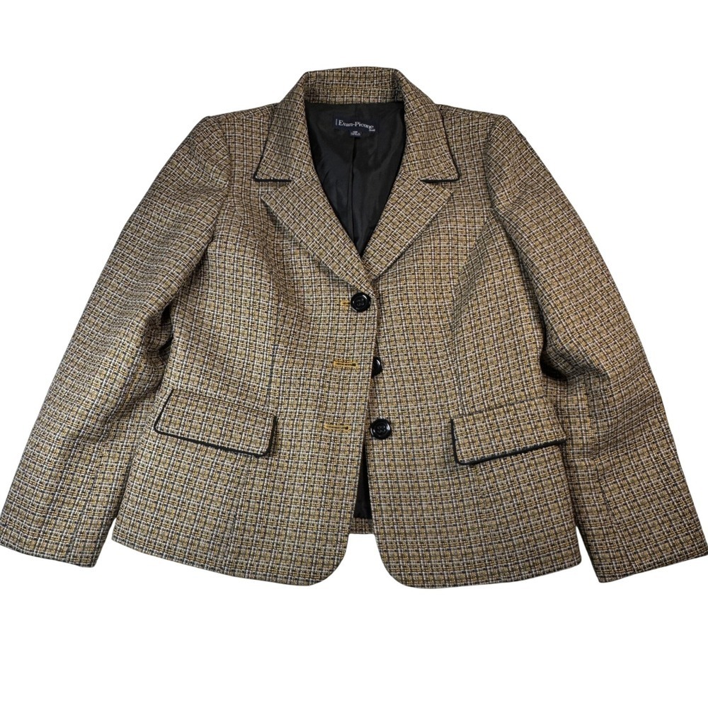Evan  Petites Blazer Size 12P Brown Tweed Black Trim Career Jacket Fall jacket